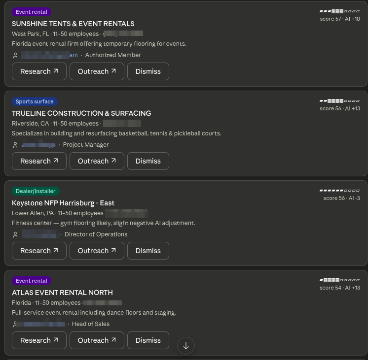 Claude renvoie un tableau de leads qualifiés classés dans le chat