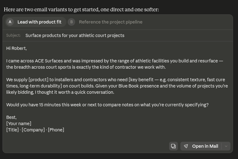 Claude rédige un email de prospection personnalisé